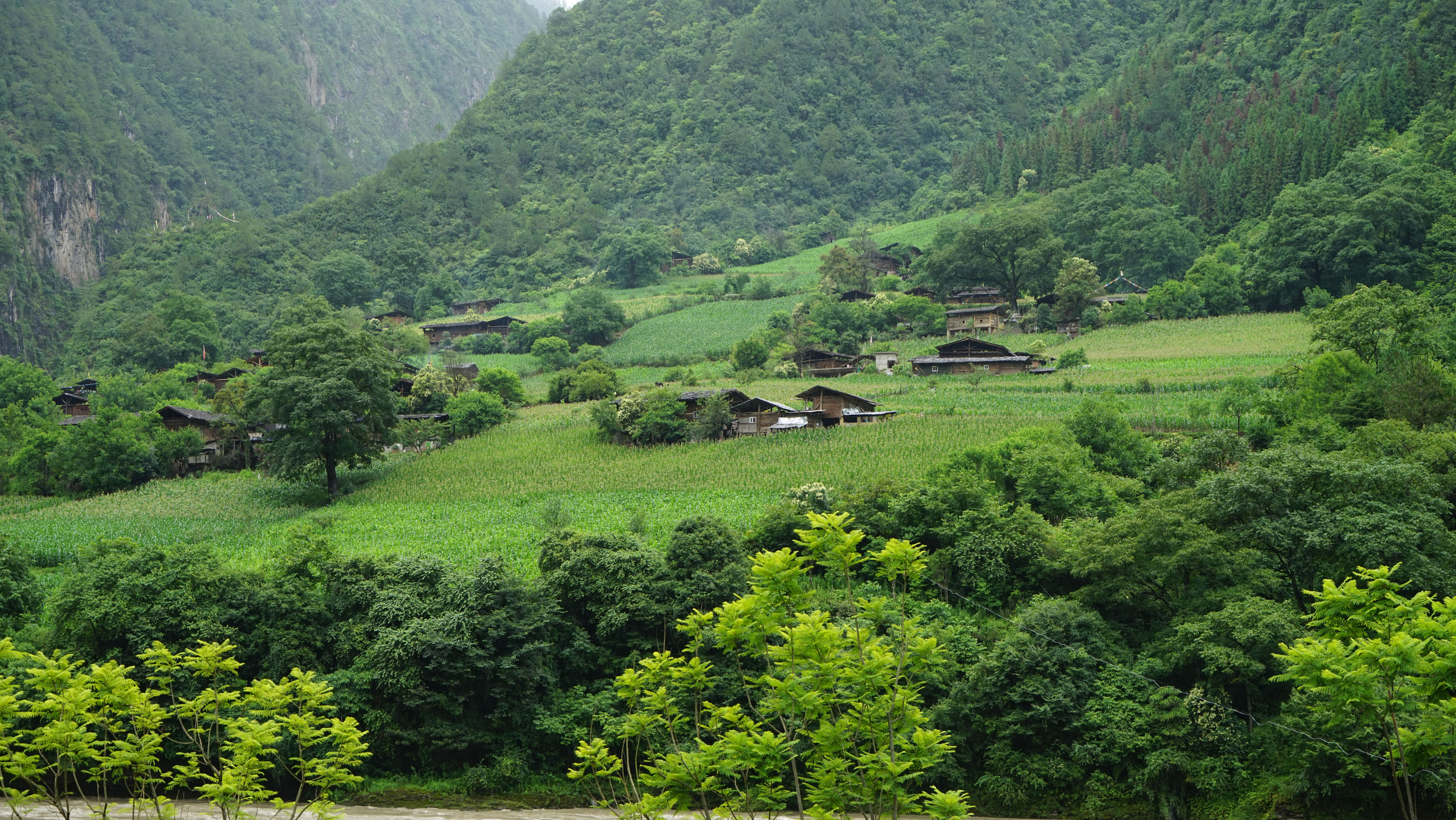 Green valley with scattered houses under steep mountain slopes